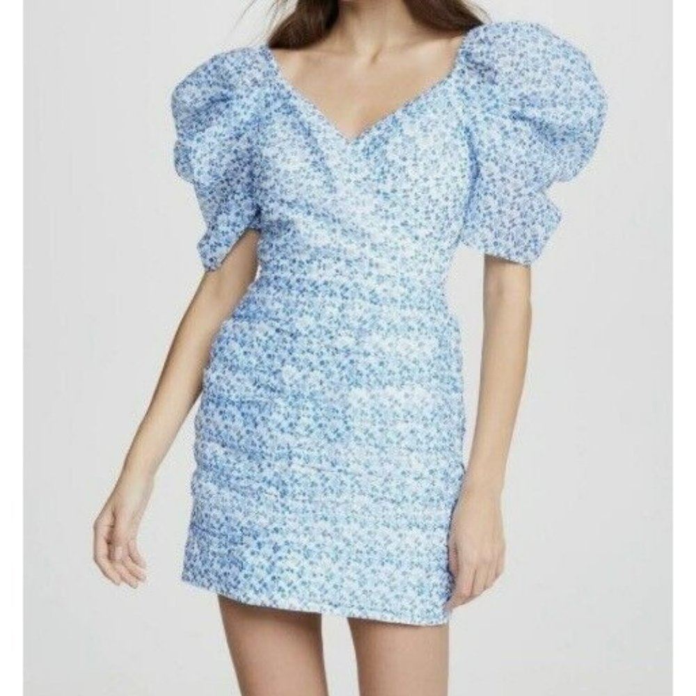 C/Meo Collective Light Blue Floral Print Puff Sleeve Mini Dress Size XS NWT